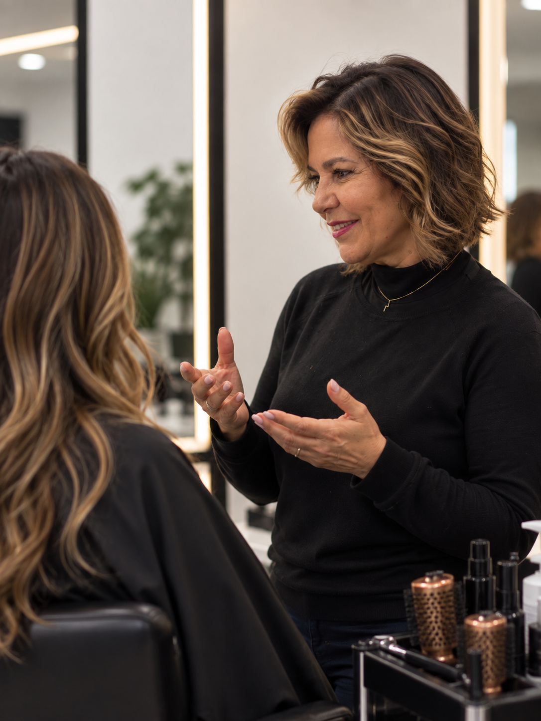 Ramona Corrêa conversando com uma cliente no salão