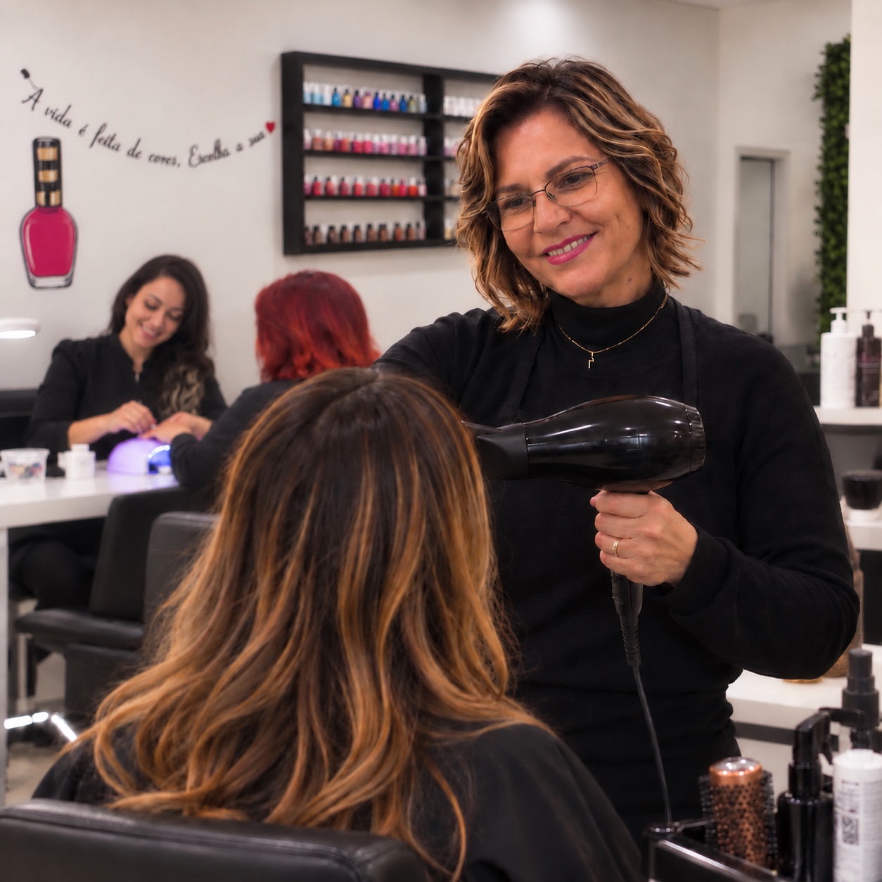 Ramona finalizando o cabelo de uma cliente com o secador no salão